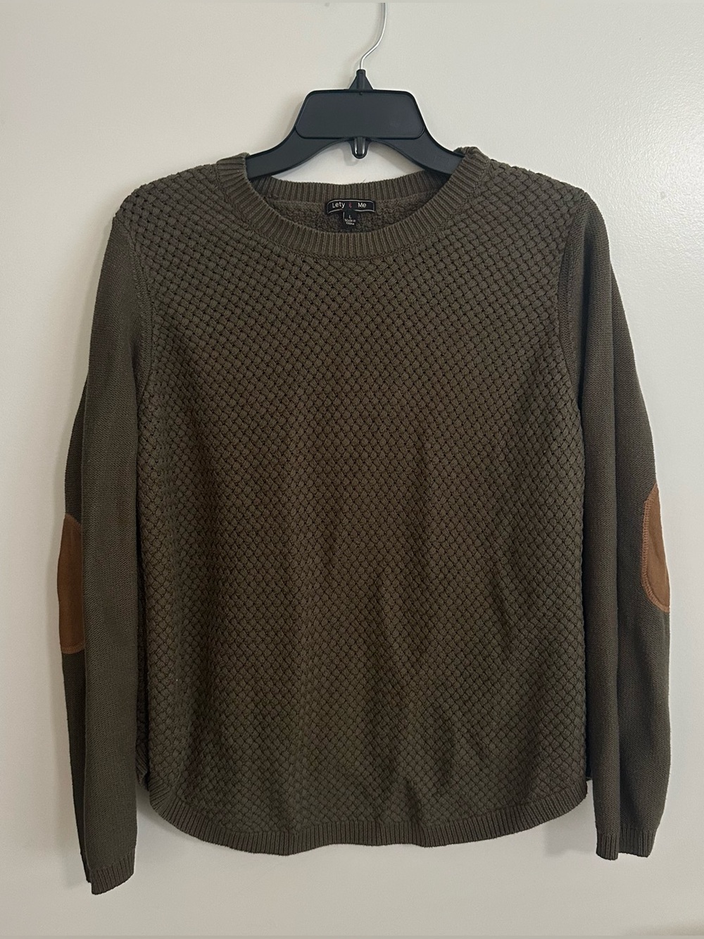 Olive Green Textured Crewneck Sweater with Brown Elbow Patches